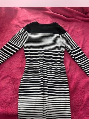 Women's Black and White Striped Crew-Neck Sweater Dress